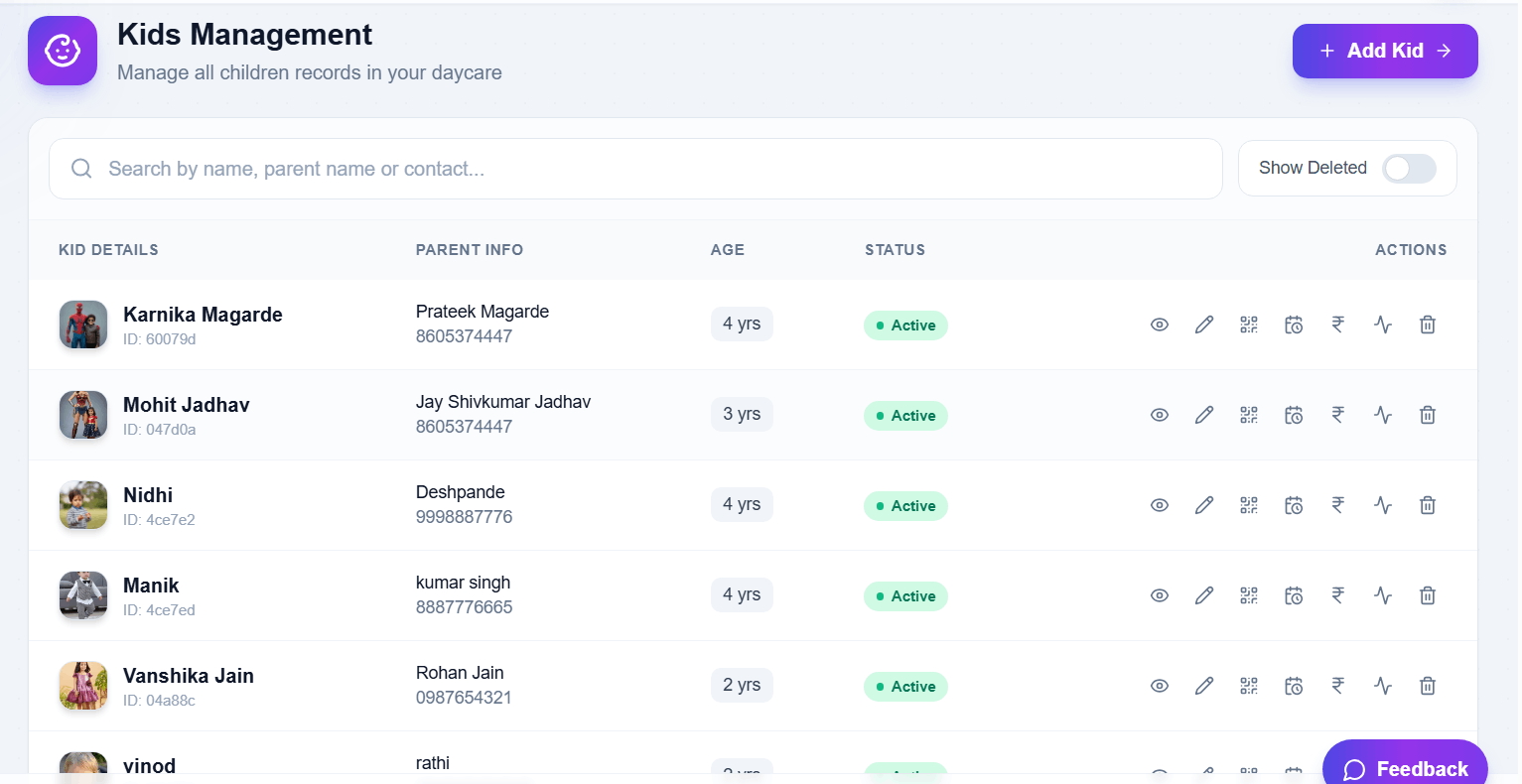 EdSkout Kids Management Dashboard showing child profiles and parent information