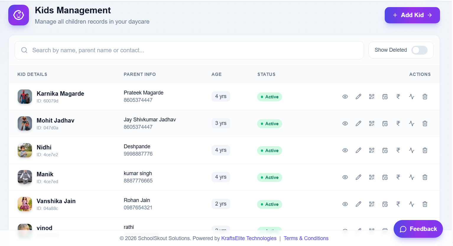 EdSkout Kids Management Dashboard showing child profiles and parent information