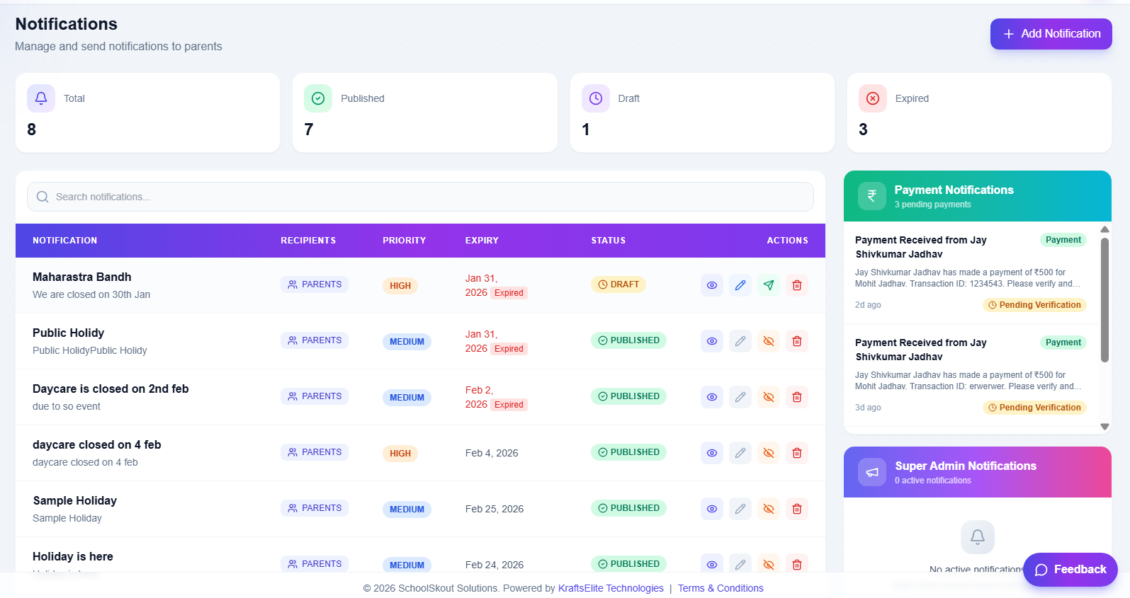 EdSkout Notifications Dashboard - Manage and send notifications to parents