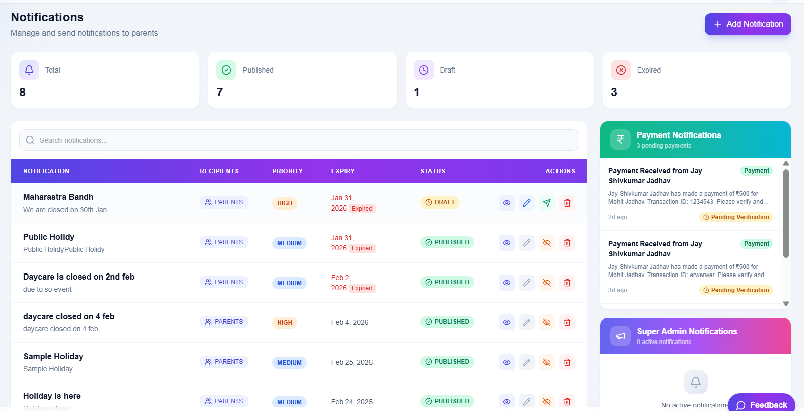 EdSkout Notifications Dashboard - Manage and send notifications to parents